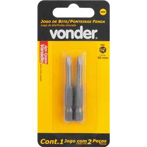 Ponteira/bits fenda, encaixe sextavado 1/4" x 50 mm, cartela com 2 peças, VONDER