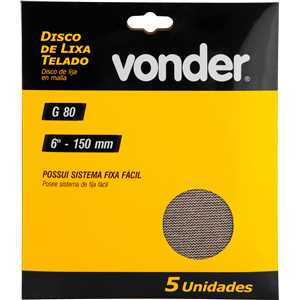 Disco de lixa telado, 6" - 150 mm, grão 80, embalagem com 5 peças, VONDER