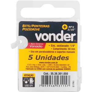 Jogo de bits ponteira pozidrive, com encaixe 1/4", nº 1 x 50 mm, VONDER