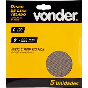 Disco de lixa telado, 9" - 225 mm, grão 120, embalagem com 5 peças, VONDER