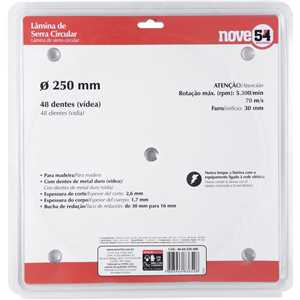 Lâmina de serra circular com dentes de metal duro/vídea, 250 mm x 30 mm, 48 dentes, NOVE54