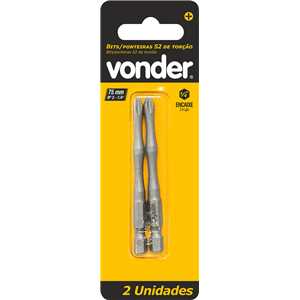 Bits/ponteiras phillips de torção, S2, encaixe 1/4", nº 2, 1/4" x 75 mm, com 2 peças, VONDER