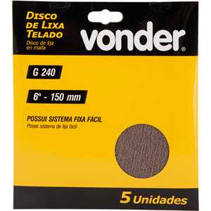 Disco de lixa telado, 6" - 150 mm, grão 240, embalagem com 5 peças, VONDER