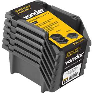 Gaveteiro plástico, nº 3, 8,0 cm x 10,4 cm x 17,6 cm, jogo com 6 peças, modelo prático, preto, VONDER