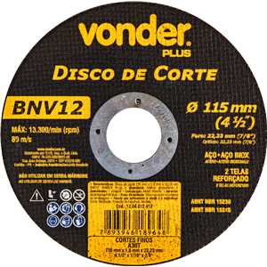 Disco de corte 115 mm x 1,6 mm x 22,23 mm BNV12, VONDER PLUS