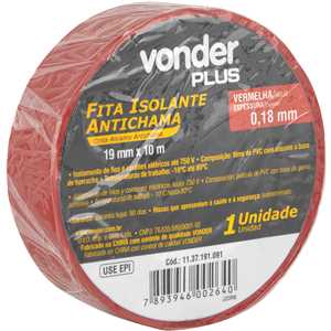 Fita isolante, 19 mm x 10 m, vermelha, VONDER PLUS