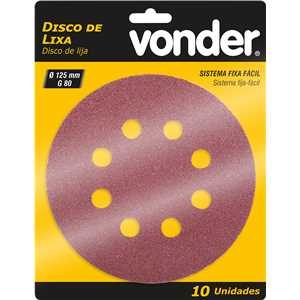Disco de lixa com costado em pluma 125 mm, grão 80, com  8 furos, embalagem com 10 peças, VONDER