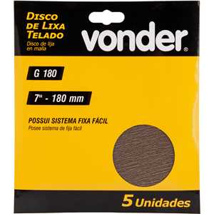 Disco de lixa telado, 7" - 180 mm, grão 180, embalagem com 5 peças, VONDER