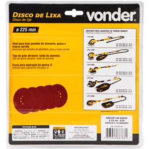 Disco de lixa com costado em pluma 225 mm, grão 220, para as lixadeiras LPV 400B, LPV 600, LPV 925, LPV 950B e LPV 1000, VONDER