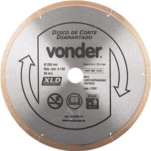 Disco de corte diamantado, 250 mm x 25,4 mm, contínuo, para porcelanato, XLD VONDER