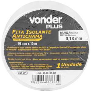 Fita isolante, 19 mm x 10 m, branca, VONDER PLUS