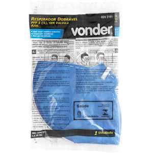 Respirador dobrável, semifacial, sem carvão ativado, sem válvula, PFF1, RDV 2101, azul, VONDER