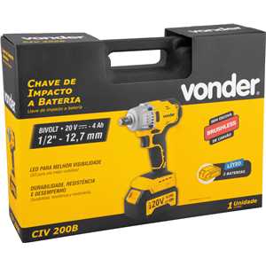 Chave de impacto, bateria 20 V, encaixe de 1/2", fonte bivolt automática, CIV 200B, VONDER