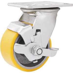 Rodízio giratório 5", de poliuretano e ferro fundido, amarelo, com freio, VONDER