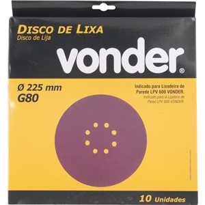 Disco de lixa com costado em pluma 225 mm, grão 80, para as lixadeiras LPV 400B, LPV 600, LPV 925, LPV 950B e LPV 1000, VONDER