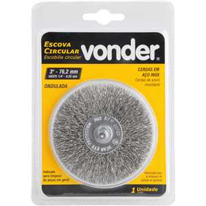 Escova circular 3", cerdas em aço inox, 20.000/min, com haste 1/4", VONDER