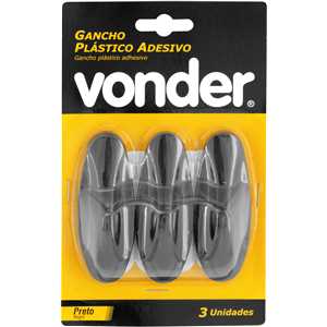 Gancho plástico adesivo, preto, com 3 peças, VONDER