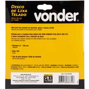 Disco de lixa telado, 6" - 150 mm, grão 240, embalagem com 5 peças, VONDER