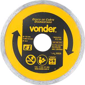 Disco de corte diamantado, 110 mm x 22,2 mm, anel contínuo, E1, VONDER