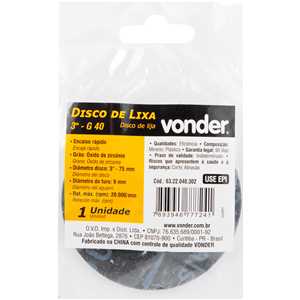 Disco de lixa 3", óxido de zircônio grão 40, para sistema de encaixe rápido, VONDER