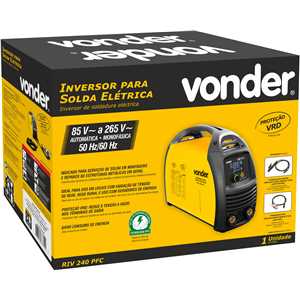 Inversor para solda com eletrodo e TIG, 200 A, RIV 240 PFC, display digital LCD, 85 V~ - 265 V~, alimentação automática, monofásico, VONDER