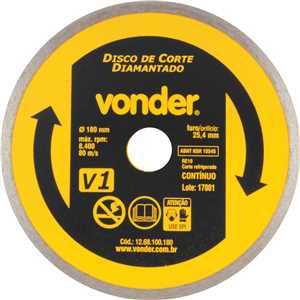 Disco de corte diamantado, 180 mm x 25,4 mm, contínuo, V1, VONDER