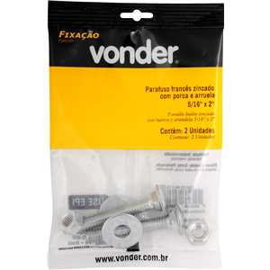 Parafuso francês zincado, 5/16" x 2", com porca e arruela, cartela com 2 conjuntos, VONDER