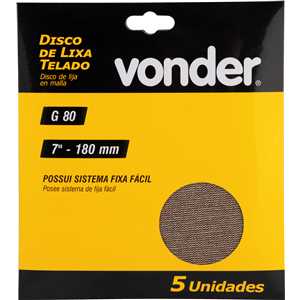 Disco de lixa telado, 7" - 180 mm, grão 80, embalagem com 5 peças, VONDER