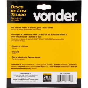 Disco de lixa telado, 9" - 225 mm, grão 240, embalagem com 5 peças, VONDER