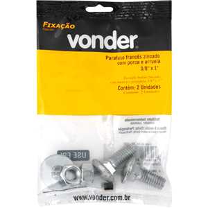Parafuso francês zincado, 3/8" x 1", com porca e arruela, cartela com 2 conjuntos, VONDER