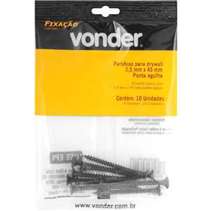 Parafuso para drywall, ponta agulha, 3,5 mm x 45 mm, cartela com 10 peças, VONDER