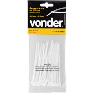 Abraçadeira de nylon, branca, 100 mm x 2,5 mm, com 20 peças, VONDER