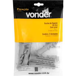 Bucha de nylon para fixação 10 mm, com anel, cartela com 5 peças, VONDER