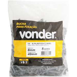 Bucha de plástico para fixação 8 mm, com anel, 500 peças, VA-08, VONDER