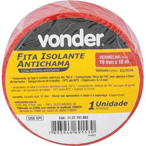 Fita isolante, 19 mm x 10 m, vermelha, VONDER