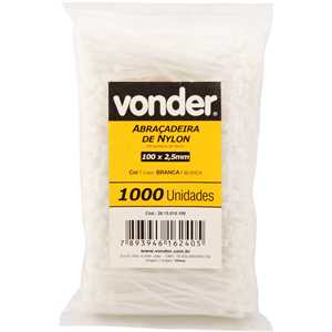Abraçadeira de nylon, branca, 100 mm x 2,5 mm, com 1.000 peças, VONDER