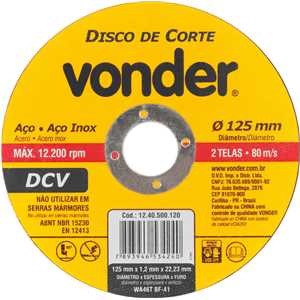 Disco de corte 125 mm x 1,2 mm x 22,23 mm, DCV, VONDER