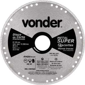 Disco de corte diamantado, contínuo, para metais, metal super, 125 mm, VONDER
