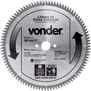 Lâmina de serra circular com dentes de metal duro, 300 mm x 30 mm, com 96 dentes, para MDF, VONDER