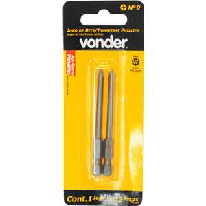 Jogo de bits de ponteiras phillips com encaixe sextavado 1/4", nº 0 x 75 mm, cartela com 2 peças, VONDER