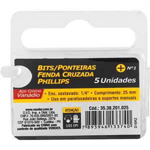 Jogo de bits/ponteira phillips, com encaixe 1/4", nº 1 x 25 mm, cartela com 5 peças, VONDER