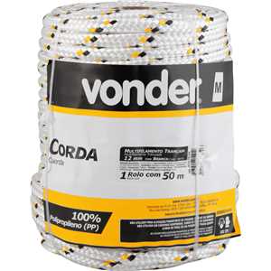 Corda multifilamento trançada 12,0 mm x 50 m, branca com detalhes em preto e amarelo, VONDER
