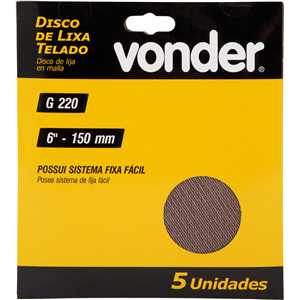 Disco de lixa telado, 6" - 150 mm, grão 220, embalagem com 5 peças, VONDER