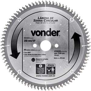 Lâmina de serra circular com dentes de metal duro, 250 mm x 30 mm, com 80 dentes, para MDF, VONDER