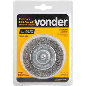 Escova circular 3", cerdas em aço inox, 4.500/min, com haste 1/4", VONDER