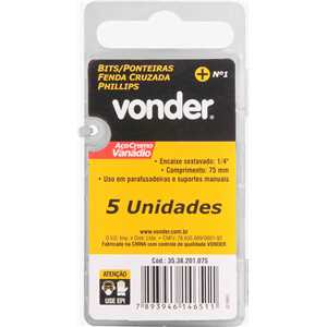 Bits/ponteira phillips com encaixe 1/4", nº 1 x 75 mm, com 5 peças, VONDER