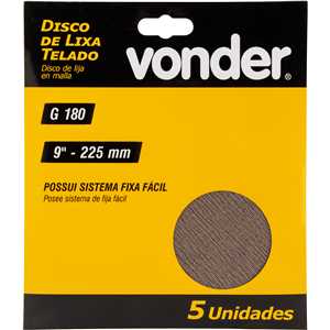 Disco de lixa telado, 9" - 225 mm, grão 180, embalagem com 5 peças, VONDER