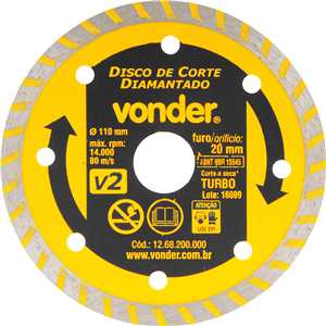 Disco de corte diamantado, 110 mm x 20 mm, turbo, V2, VONDER