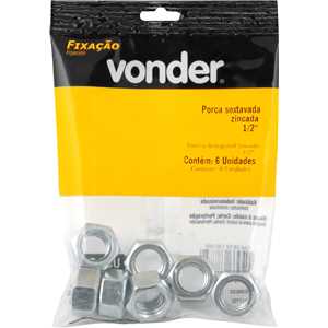 Porca sextavada 1/2" UNC, zincada, cartela com 6 peças, VONDER