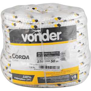 Corda multifilamento trançada 16,0 mm x 50 m, branca com detalhes em preto e amarelo, VONDER